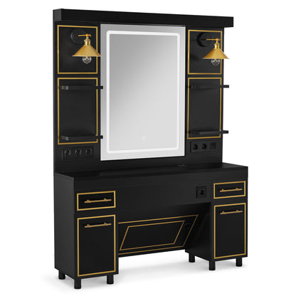 BarberPub Friseurplatz mit 2 Schubladen, Schminktisch mit Spiegel, Bedienungsplatz mit 4 Ablagen & 2 Schränken, Spiegelschrank aus Holz, Spiegeltisch mit Beleuchtung, 3161 (Schwarz-Gold)