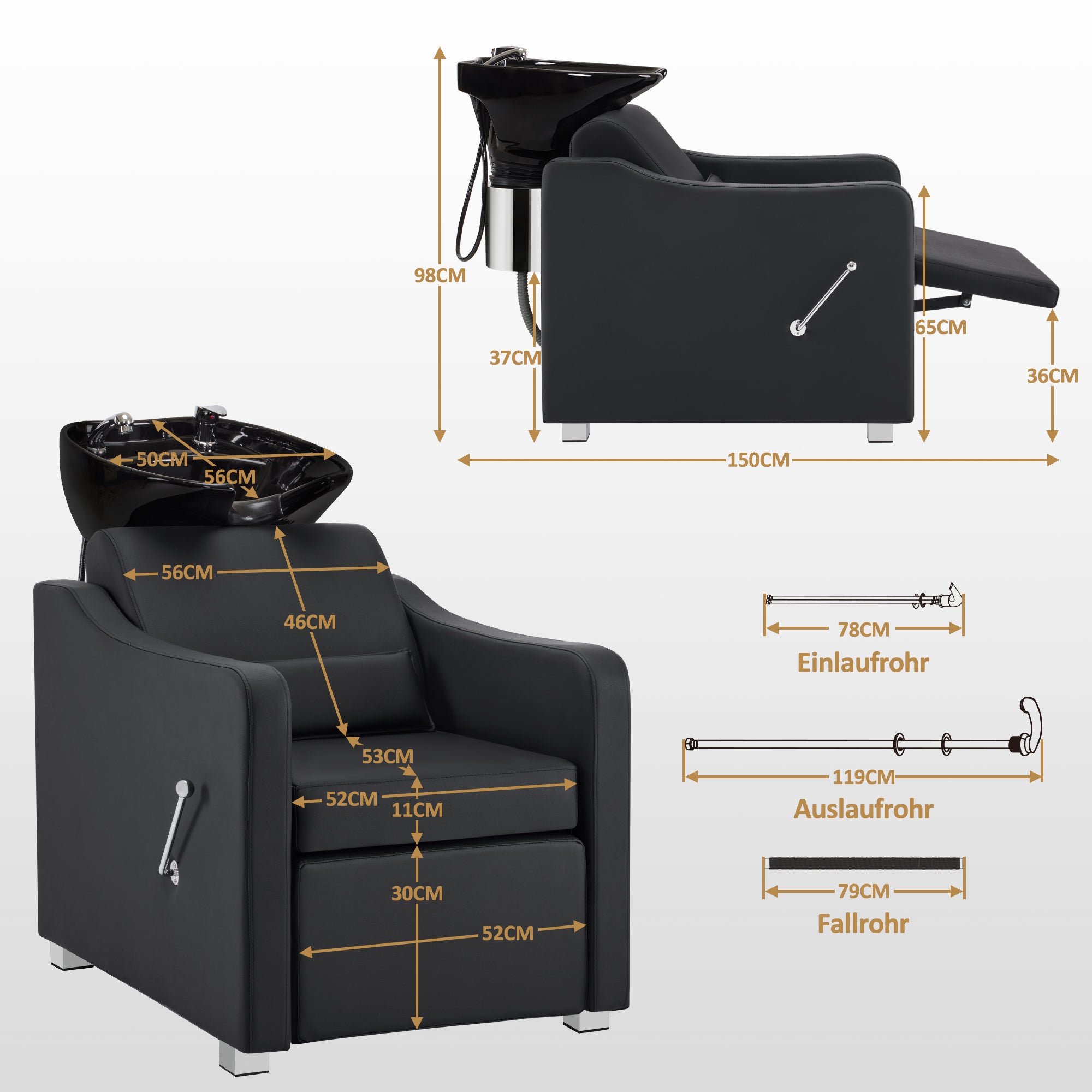 BarberPub Friseurstuhl mit Waschbecken, Klappbare Beinstütze, Friseurwaschbecken aus Keramik Verstellbar, Friseurwaschsessel für SPA Salon, Friseur Waschplatz W8675