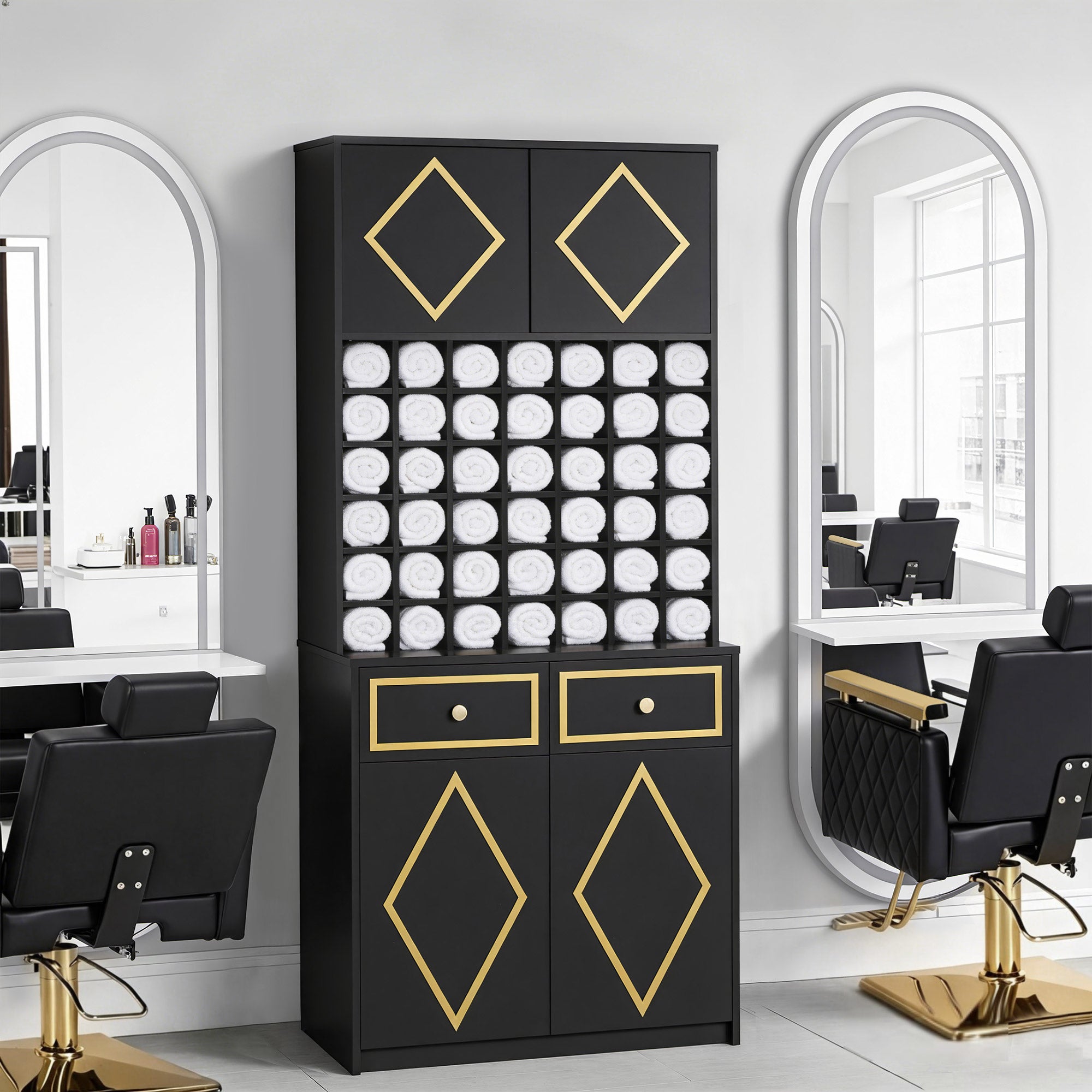 BarberPub Handtuchschrank mit 2 Schubladen, 42 Offenen Fächern & 4 Schränken, Badezimmerschrank Schwarz, Hochschrank Aufbewahrungsschrank Holz für Friseursalon, Schönheitssalon R6194/R6179