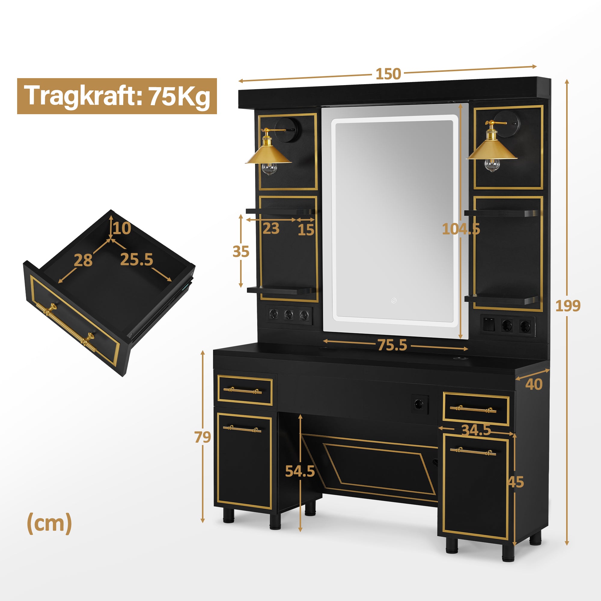 BarberPub Friseurplatz mit 2 Schubladen, Schminktisch mit Spiegel, Bedienungsplatz mit 4 Ablagen & 2 Schränken, Spiegelschrank aus Holz, Spiegeltisch mit Beleuchtung, 3161 (Schwarz-Gold)