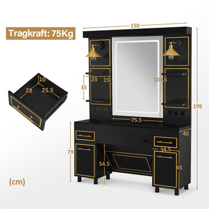 BarberPub Friseurplatz mit 2 Schubladen, Schminktisch mit Spiegel, Bedienungsplatz mit 4 Ablagen & 2 Schränken, Spiegelschrank aus Holz, Spiegeltisch mit Beleuchtung, 3161 (Schwarz-Gold)