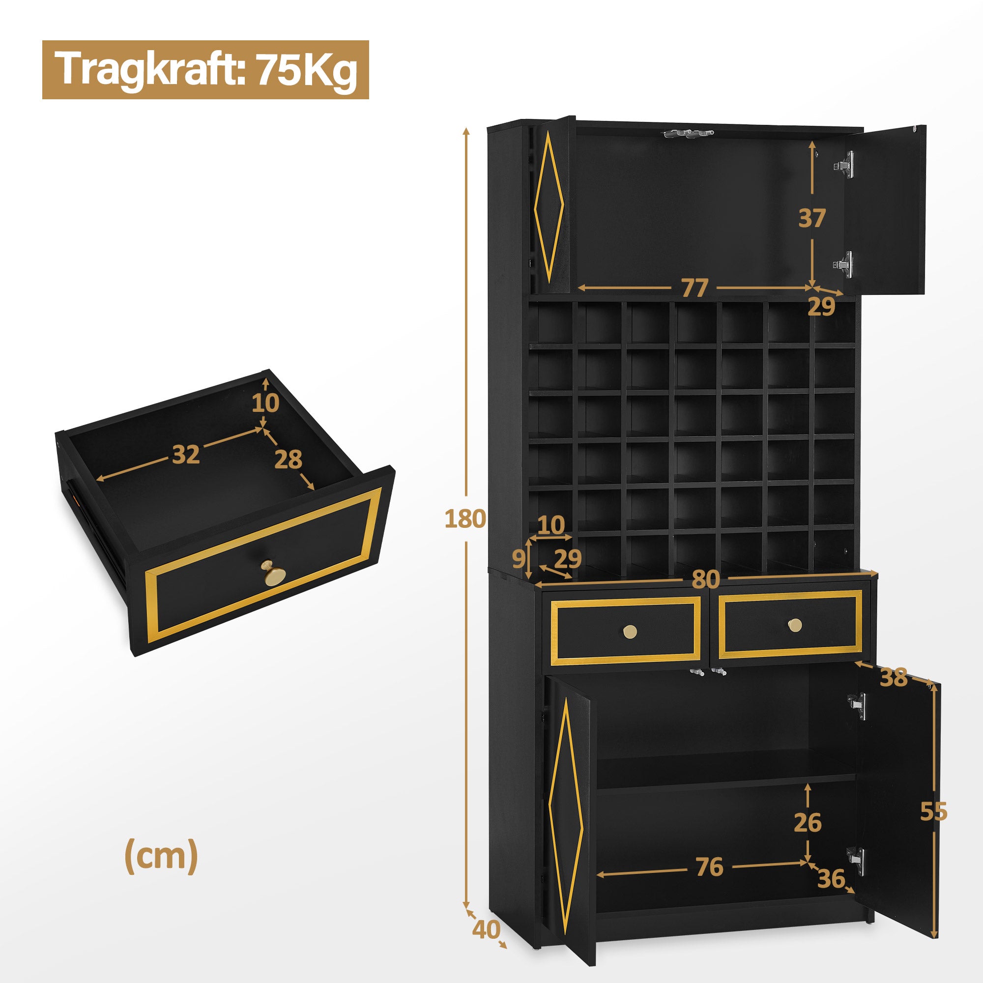 BarberPub Handtuchschrank mit 2 Schubladen, 42 Offenen Fächern & 4 Schränken, Badezimmerschrank Schwarz, Hochschrank Aufbewahrungsschrank Holz für Friseursalon, Schönheitssalon R6194/R6179