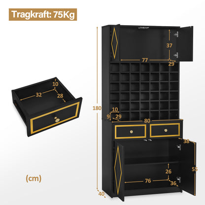 BarberPub Handtuchschrank mit 2 Schubladen, 42 Offenen Fächern & 4 Schränken, Badezimmerschrank Schwarz, Hochschrank Aufbewahrungsschrank Holz für Friseursalon, Schönheitssalon R6194/R6179