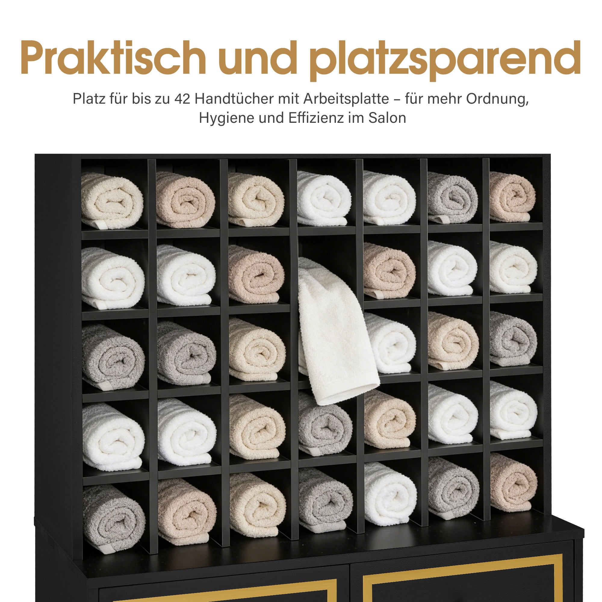 BarberPub Handtuchschrank mit 2 Schubladen, 42 Offenen Fächern & 4 Schränken, Badezimmerschrank Schwarz, Hochschrank Aufbewahrungsschrank Holz für Friseursalon, Schönheitssalon R6194/R6179
