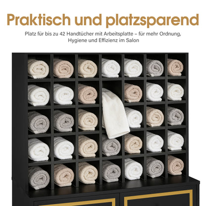 BarberPub Handtuchschrank mit 2 Schubladen, 42 Offenen Fächern & 4 Schränken, Badezimmerschrank Schwarz, Hochschrank Aufbewahrungsschrank Holz für Friseursalon, Schönheitssalon R6194/R6179
