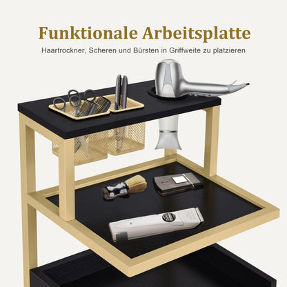 BarberPub Friseurwagen mit Rollen & 2 Schubladen, Rollwagen Servierwagen, Salon Trolley mit 2 Ablagen & Föhnhalter, Moderner Arbeitswagen für Bad Wohnzimmer, 32x37x87cm, 0029