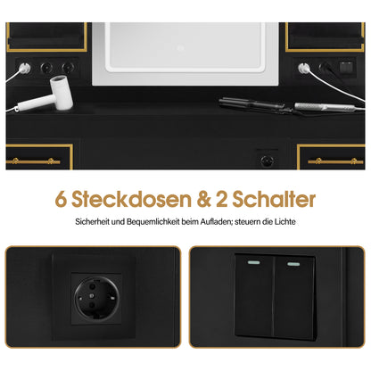 BarberPub Friseurplatz mit 2 Schubladen, Schminktisch mit Spiegel, Bedienungsplatz mit 4 Ablagen & 2 Schränken, Spiegelschrank aus Holz, Spiegeltisch mit Beleuchtung, 3161 (Schwarz-Gold)
