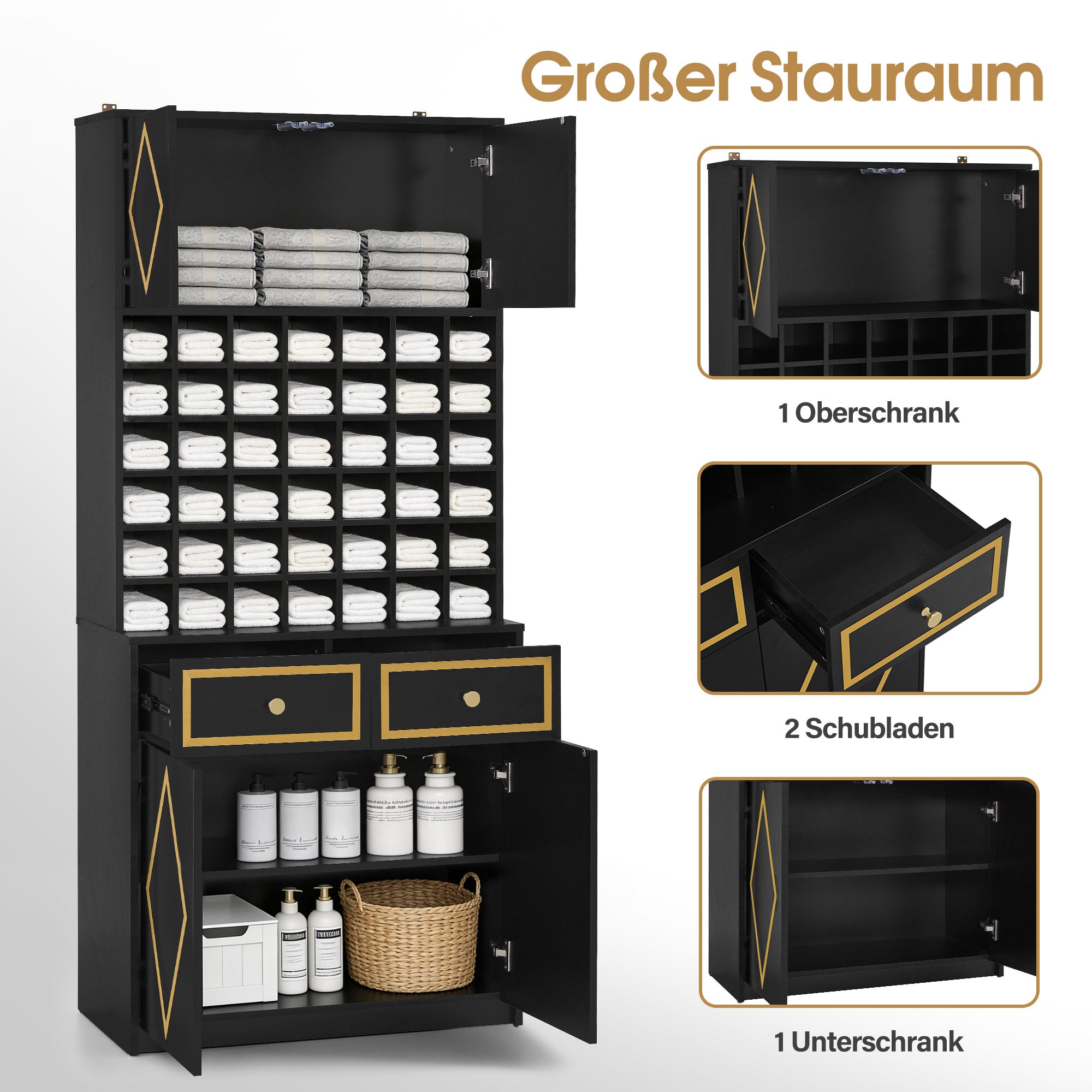 BarberPub Handtuchschrank mit 2 Schubladen, 42 Offenen Fächern & 4 Schränken, Badezimmerschrank Schwarz, Hochschrank Aufbewahrungsschrank Holz für Friseursalon, Schönheitssalon R6194/R6179