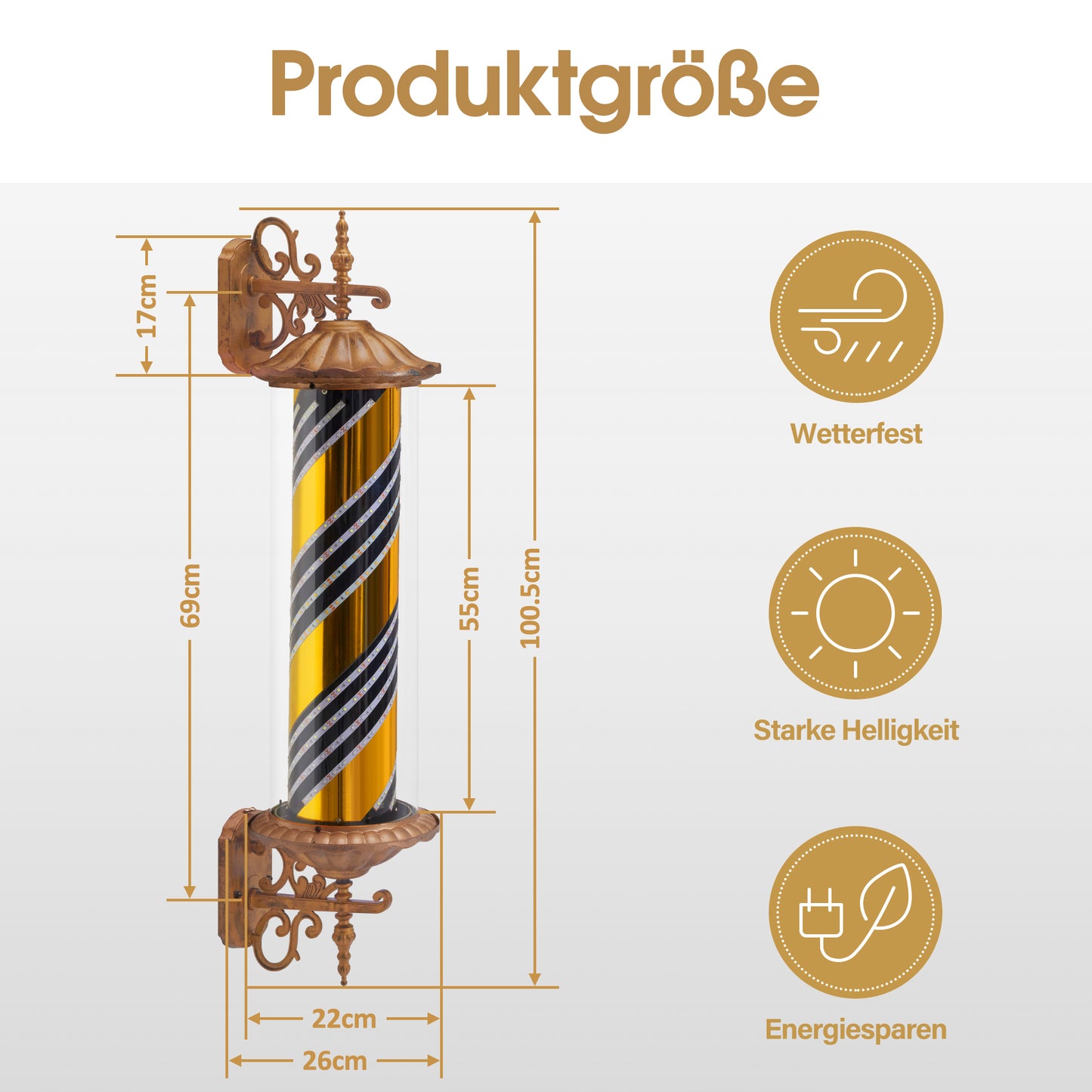 BarberPub Barber Pole Barbierstab, Friseurstange Retro Stil Licht, Drehbaren Blau Gold Weiß LED-Streifen für Barbershop, 100,5 CM Barbier Stange Licht L059BC