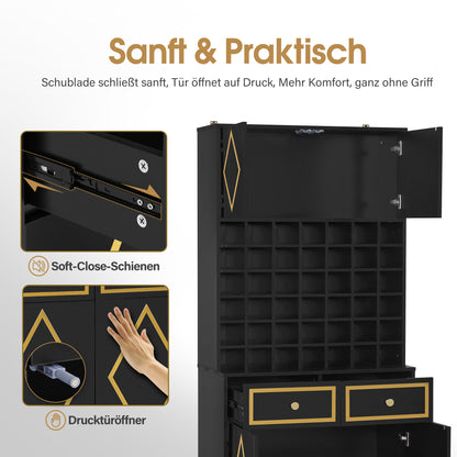 BarberPub Handtuchschrank mit 2 Schubladen, 42 Offenen Fächern & 4 Schränken, Badezimmerschrank Schwarz, Hochschrank Aufbewahrungsschrank Holz für Friseursalon, Schönheitssalon R6194/R6179