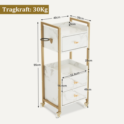 Barberpub Friseurwagen Servierwagen mit Rollen & 3 Schubladen, Rollwagen, Salon Trolley mit 2 Ablagen & Föhnhalter, Moderner Arbeitswagen für Bad Wohnzimmer, 30x40x95cm, 0022