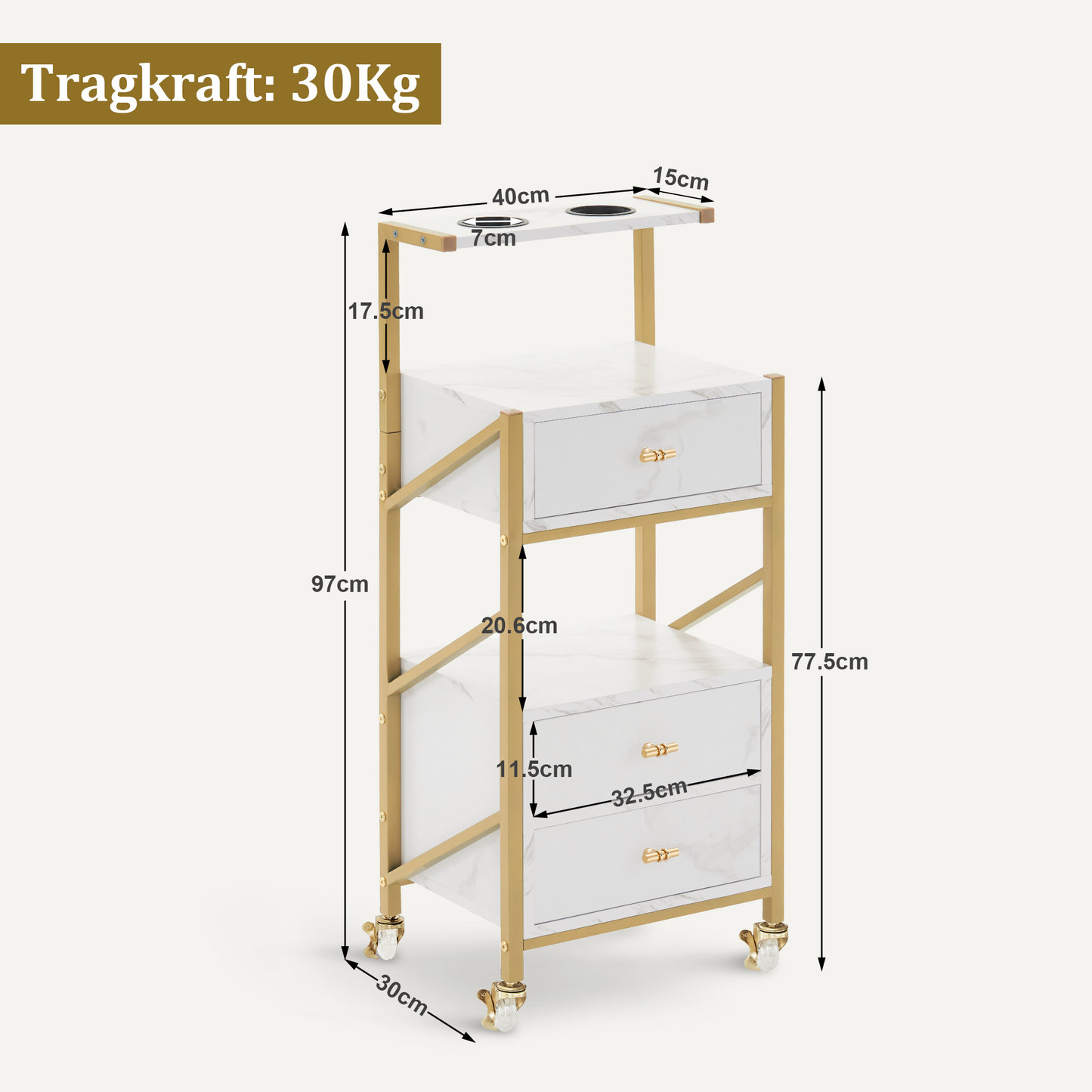 Barberpub Friseurwagen mit Rollen & 3 Schubladen, Rollwagen Servierwagen Weiß-Gold, Salon Trolley mit 2 Ablagen & 2 Föhnhalter, Moderner Arbeitswagen für Bad Wohnzimmer, 30x40x97cm, 0048