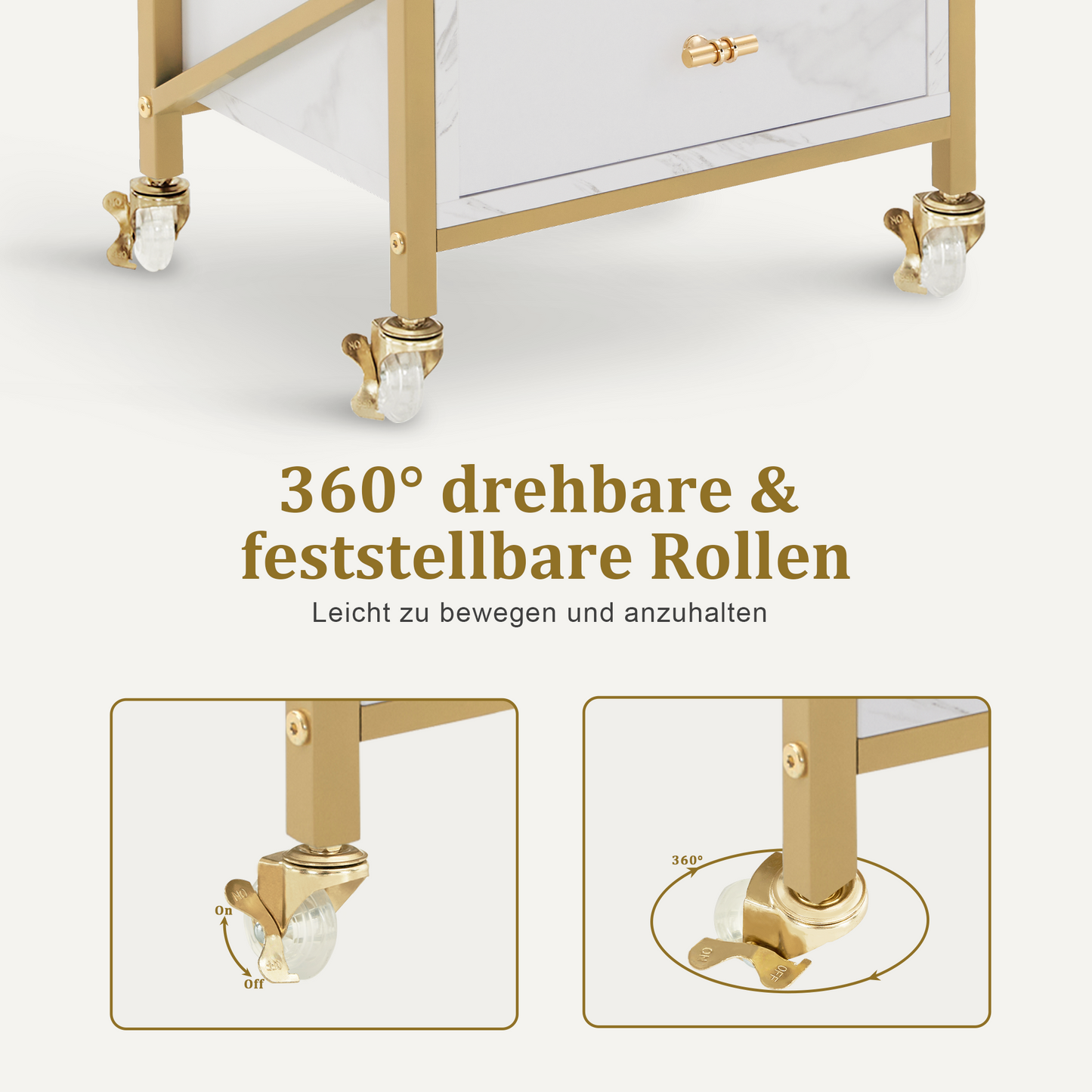 Barberpub Friseurwagen mit Rollen & 3 Schubladen, Rollwagen Servierwagen Weiß-Gold, Salon Trolley mit 2 Ablagen & 2 Föhnhalter, Moderner Arbeitswagen für Bad Wohnzimmer, 30x40x97cm, 0048