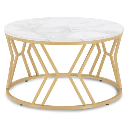 BarberPub Couchtisch Rund Holz, Moderner Sofatisch, Kleiner Beistelltisch Metall, Kaffeetisch für Wohnzimmer, Schönheitssalon, Wohnzimmertisch Marmor-Weiß Gold, 80x80x46cm, 2115