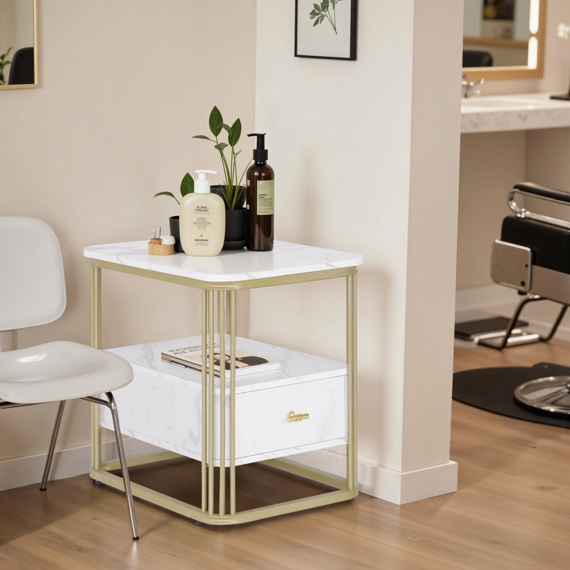 BarberPub Beistelltisch mit Schublade, Sofatisch mit 2 Ablagen, Modern Kaffeetisch Marmor Weiß Gold, Metallgestell, Couchtisch für Schlafzimmer, Wohnzimmer, Schönheitssalon, 60x40x55, 2138