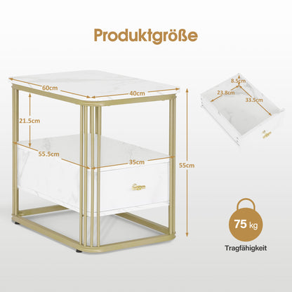 BarberPub Beistelltisch mit Schublade, Sofatisch mit 2 Ablagen, Modern Kaffeetisch Marmor Weiß Gold, Metallgestell, Couchtisch für Schlafzimmer, Wohnzimmer, Schönheitssalon, 60x40x55, 2138