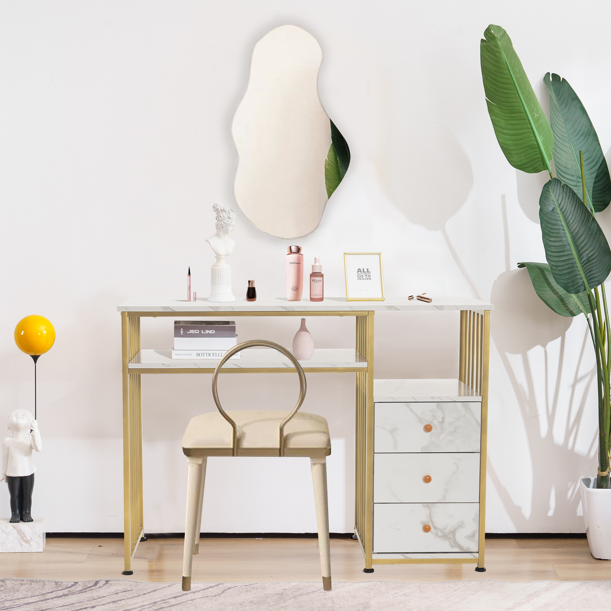 Barberpub Schreibtisch mit Schubladen, Schminktisch ohne Spiegel, Nageltisch aus Holz Metallgestell, Computertisch Wohnzimmer Modern, 109 x 45,5 x 81cm, 2407