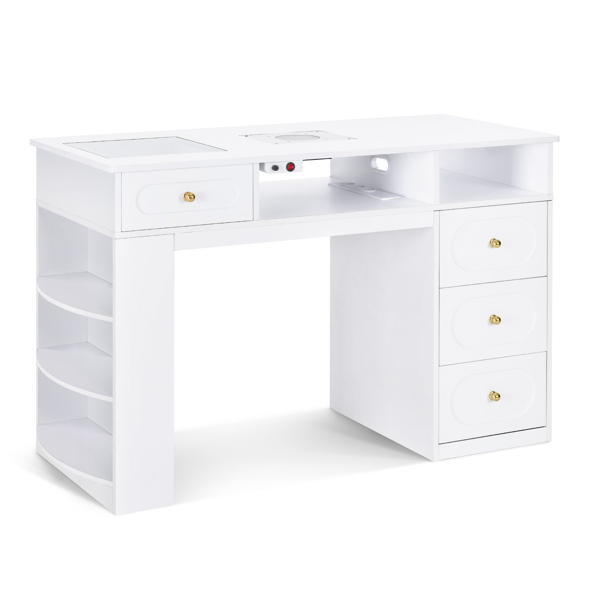 BarberPub Manikürtisch mit 4 Schubladen, Regal, 2 Ablagen & Glasplatte, Nageltisch mit Absaugung & 2 Staubsaugerbeuteln, Nagelfrisiertisch Holz, Schreibtisch für Nagelstudio Weiß, 55x120x80cm, 2442