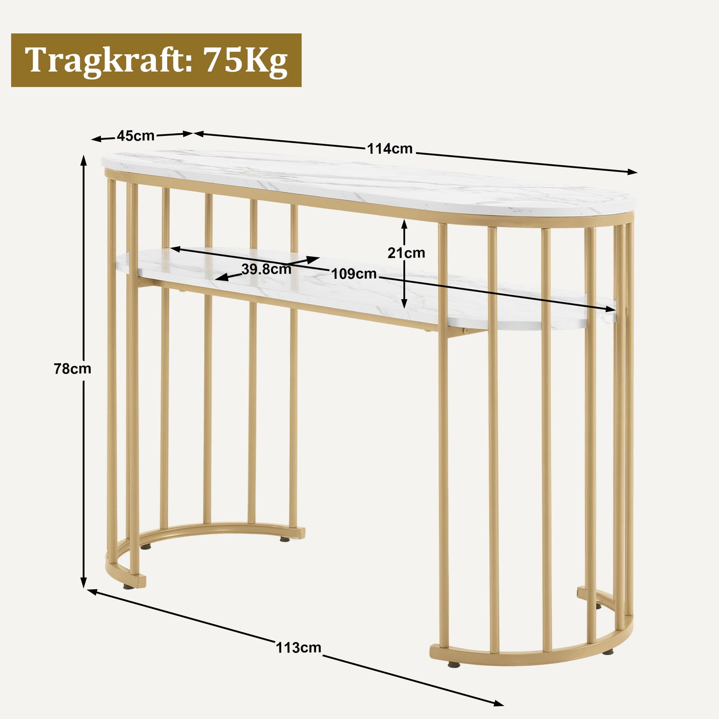 BarberPub Manikürtisch ohne Schubladen, Schminktisch ohne Spiegel Marmor-Weiß Gold, Manikürtisch, Nageltisch aus Holz Metallgestell, Computertisch Wohnzimmer Modern, 45 x 114 x 78cm, 2482