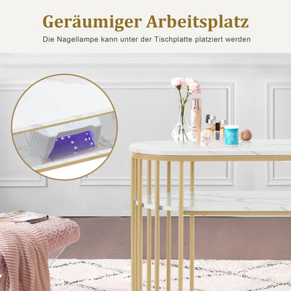 BarberPub Manikürtisch ohne Schubladen, Schminktisch ohne Spiegel Marmor-Weiß Gold, Manikürtisch, Nageltisch aus Holz Metallgestell, Computertisch Wohnzimmer Modern, 45 x 114 x 78cm, 2482