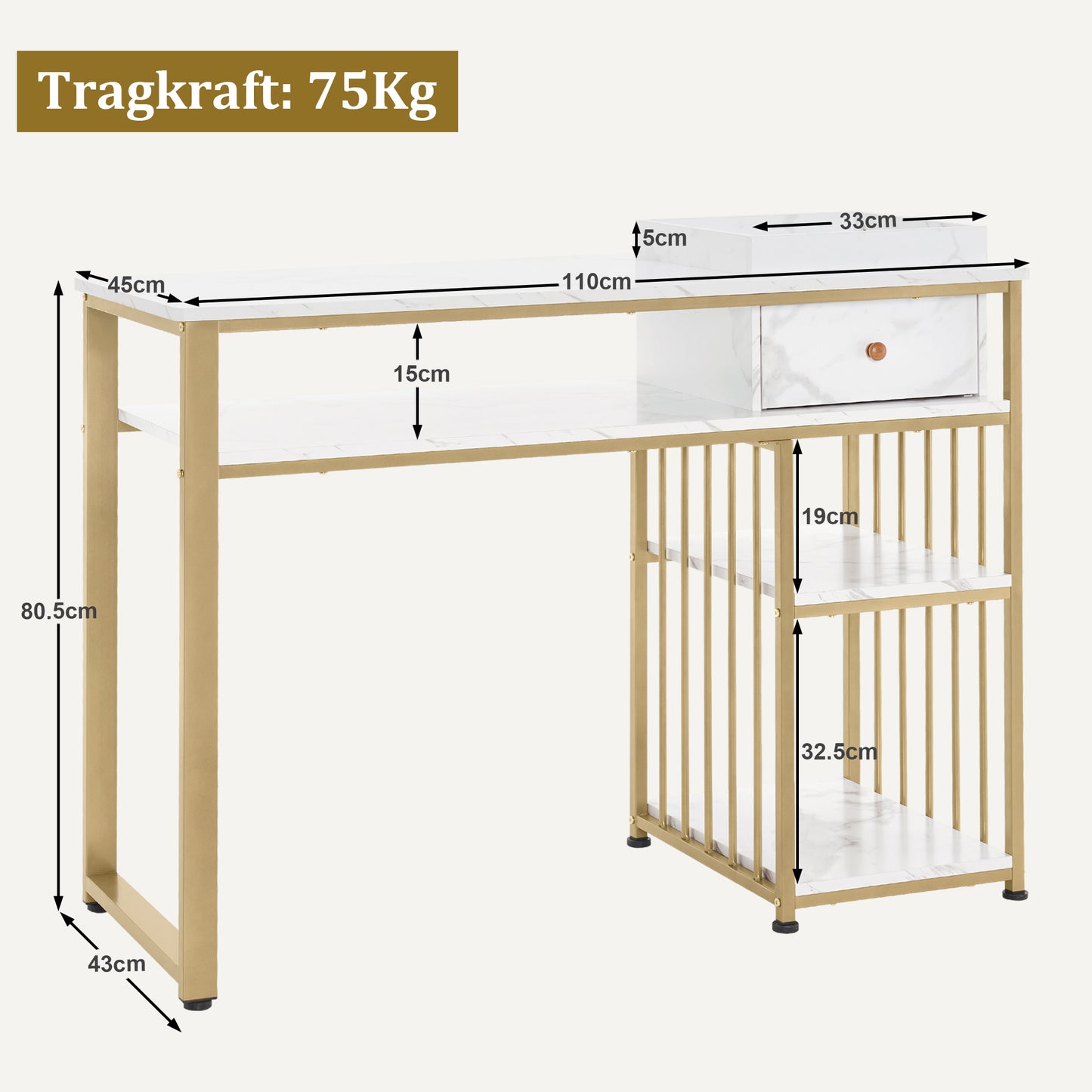 BarberPub Schminktisch mit Schubladen, Nageltisch mit Regal, Manikürtisch aus Holz Metallgestell,  Schminktisch ohne Spiegel Wohnzimmer Modern, Marmor-Weiß Gold, 45 x 110 x 80.5cm, 2498