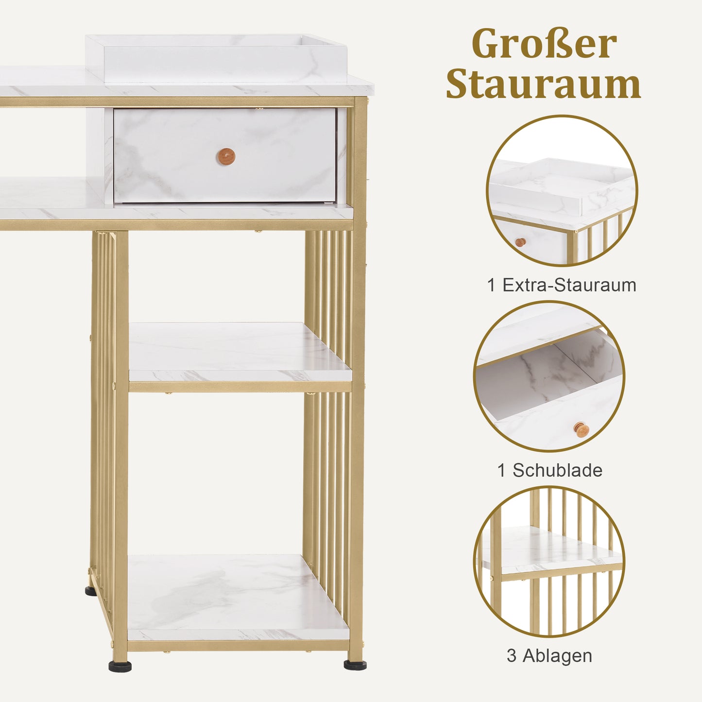 BarberPub Schminktisch mit Schubladen, Nageltisch mit Regal, Manikürtisch aus Holz Metallgestell,  Schminktisch ohne Spiegel Wohnzimmer Modern, Marmor-Weiß Gold, 45 x 110 x 80.5cm, 2498