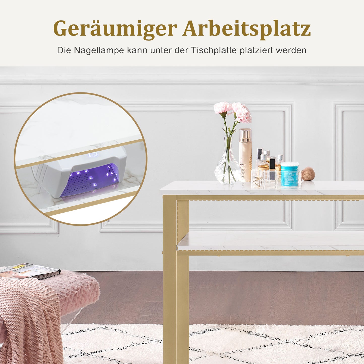 BarberPub Schminktisch mit Schubladen, Nageltisch mit Regal, Manikürtisch aus Holz Metallgestell,  Schminktisch ohne Spiegel Wohnzimmer Modern, Marmor-Weiß Gold, 45 x 110 x 80.5cm, 2498