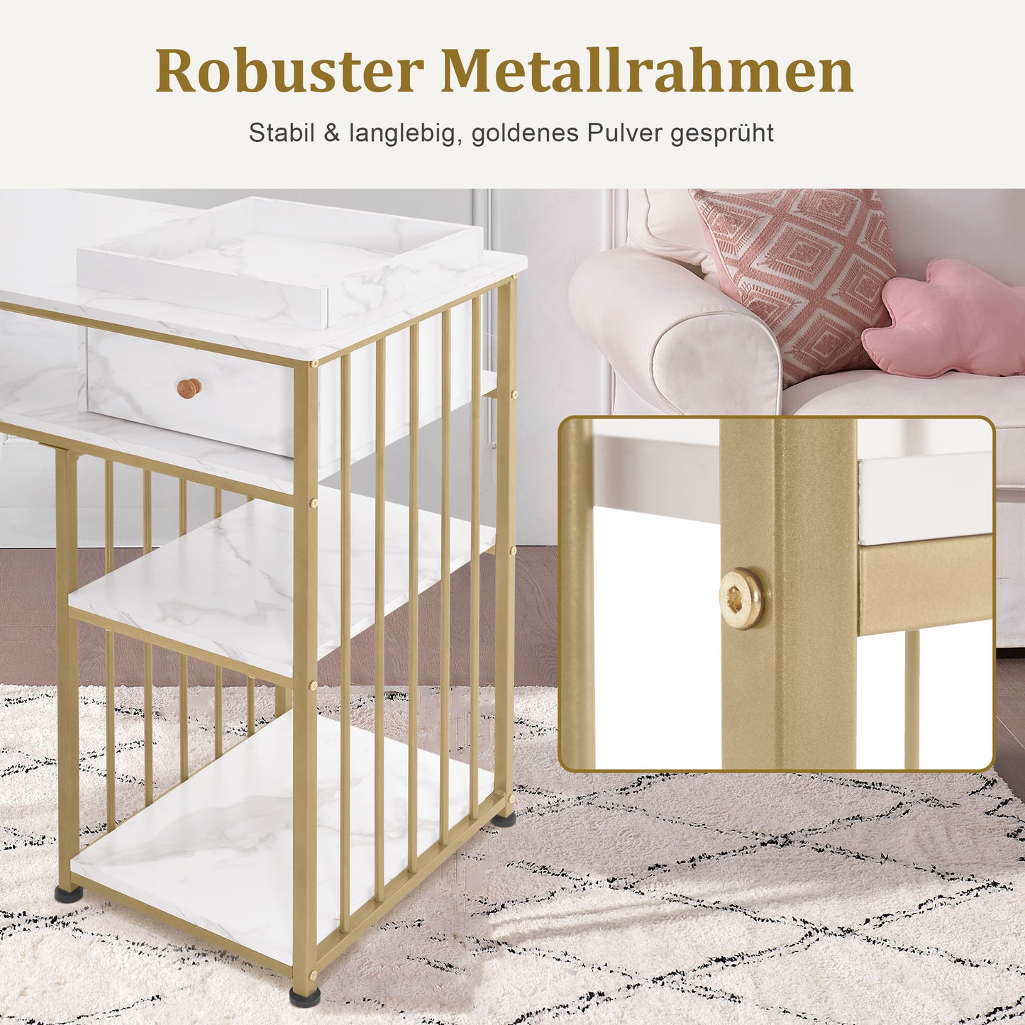 BarberPub Schminktisch mit Schubladen, Nageltisch mit Regal, Manikürtisch aus Holz Metallgestell,  Schminktisch ohne Spiegel Wohnzimmer Modern, Marmor-Weiß Gold, 45 x 110 x 80.5cm, 2498