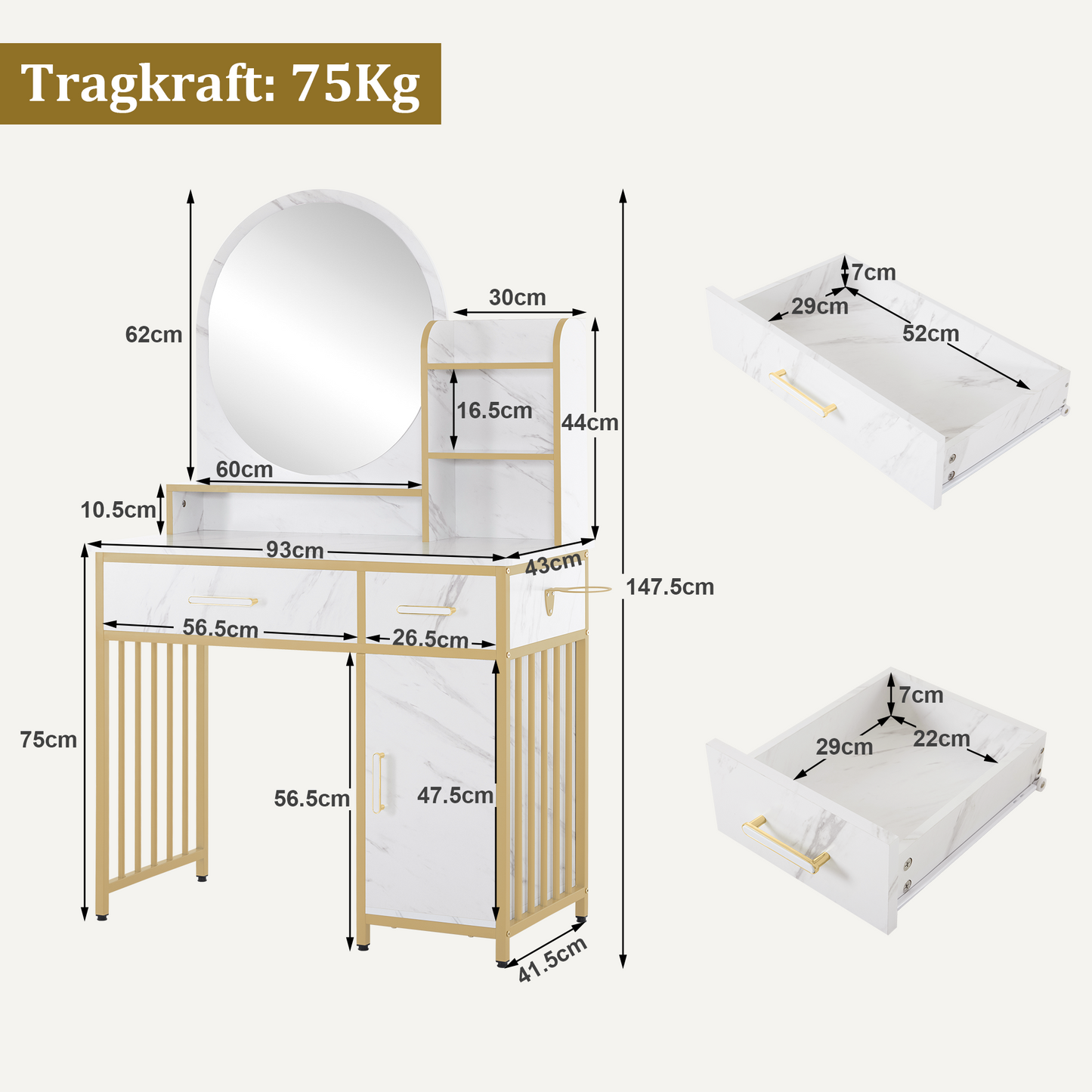 Barberpub Schminktisch mit Spiegel, Frisiertisch Make-up Tisch mit 2 Schubladen, 3 Offene Ablagen, Föhnhalter, Kosmetiktisch aus Holz Metallgestell, Marmor-Weiß Gold, 43*104*147,5 cm, 2501