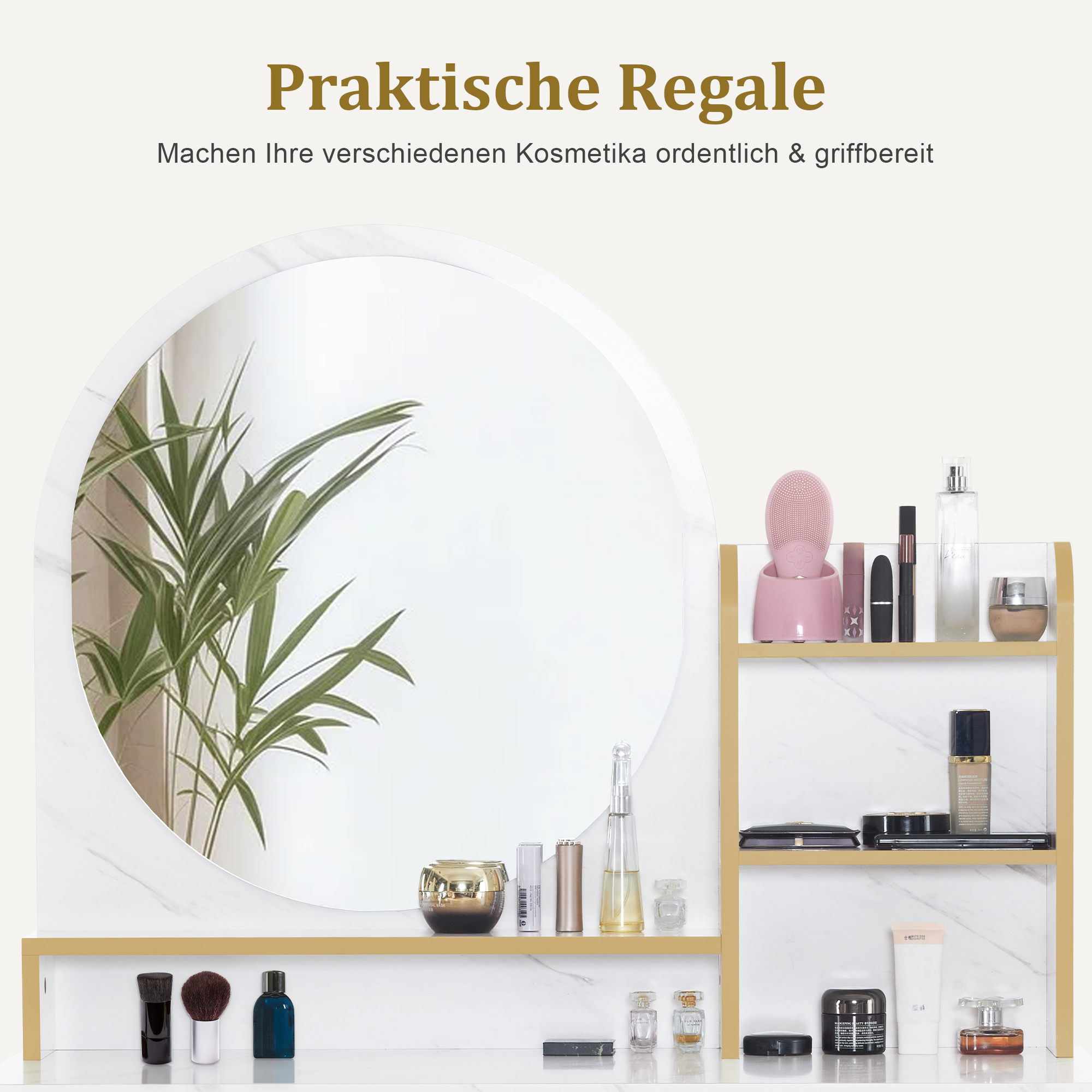 Barberpub Schminktisch mit Spiegel, Frisiertisch Make-up Tisch mit 2 Schubladen, 3 Offene Ablagen, Föhnhalter, Kosmetiktisch aus Holz Metallgestell, Marmor-Weiß Gold, 43*104*147,5 cm, 2501