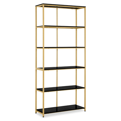 BarberPub Bücherregal Gold, Standregal mit 5 Ebenen, Büroregal mit Metallrahmen, Regal für Büro, Wohnzimmer, Schlafzimmer, Küche, Nagelstudio, 30x80x180cm, 5166