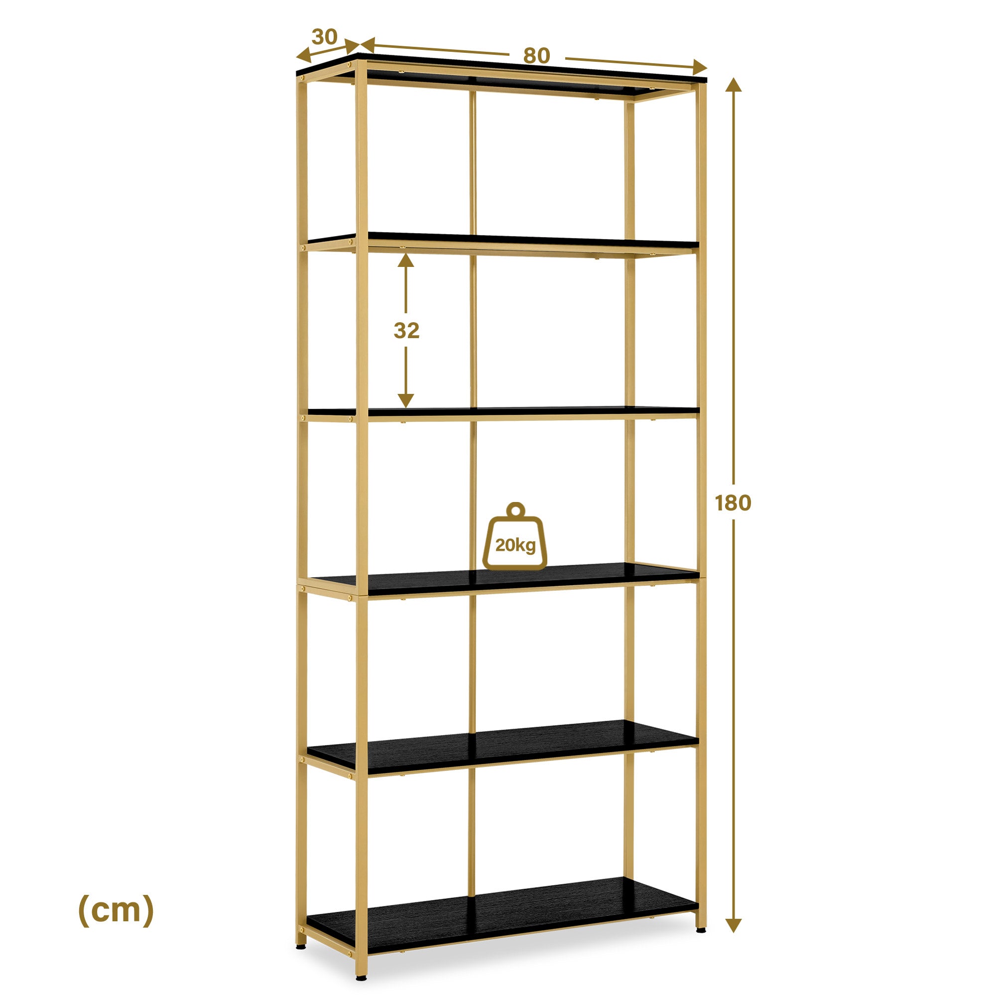 BarberPub Bücherregal Gold, Standregal mit 5 Ebenen, Büroregal mit Metallrahmen, Regal für Büro, Wohnzimmer, Schlafzimmer, Küche, Nagelstudio, 30x80x180cm, 5166