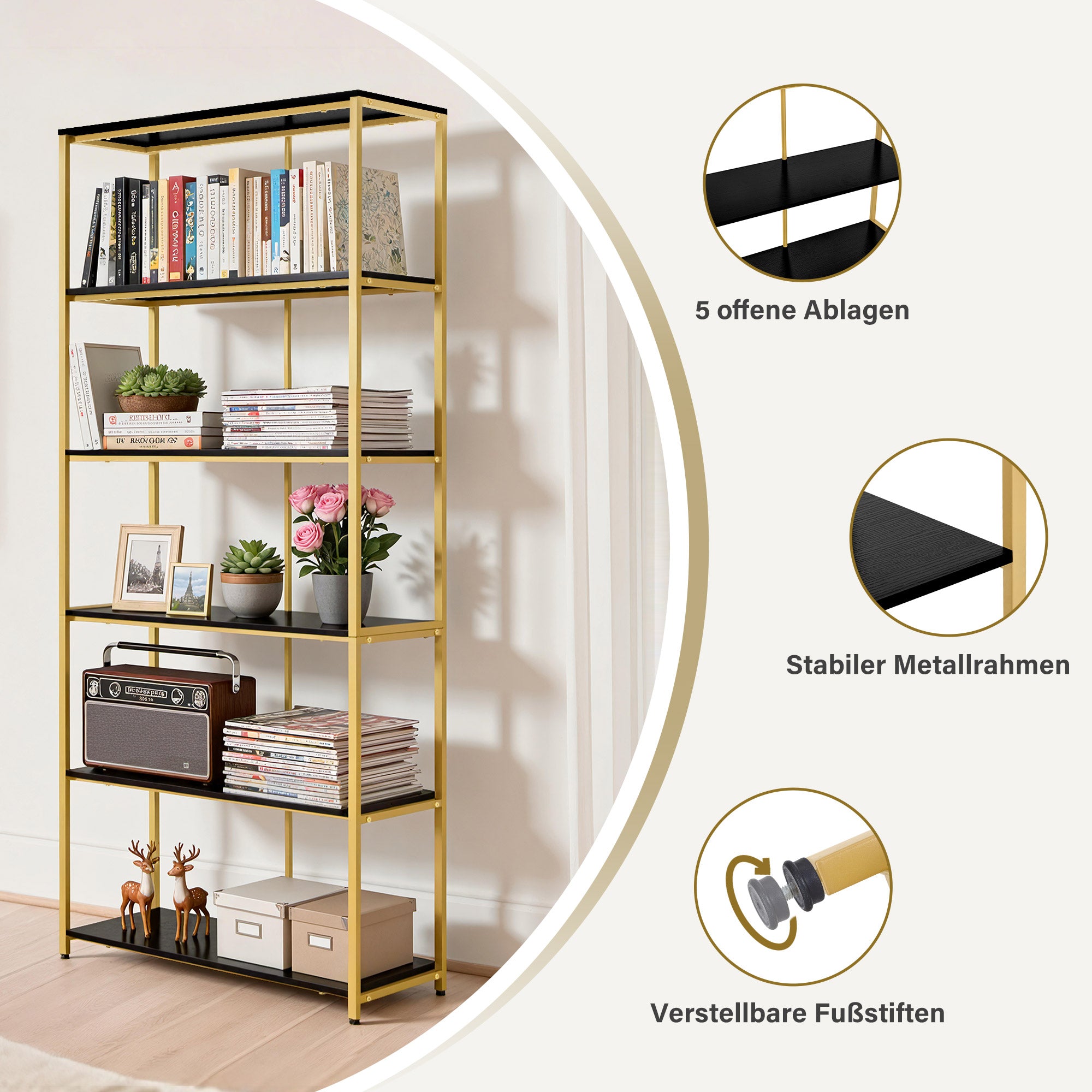 BarberPub Bücherregal Gold, Standregal mit 5 Ebenen, Büroregal mit Metallrahmen, Regal für Büro, Wohnzimmer, Schlafzimmer, Küche, Nagelstudio, 30x80x180cm, 5166