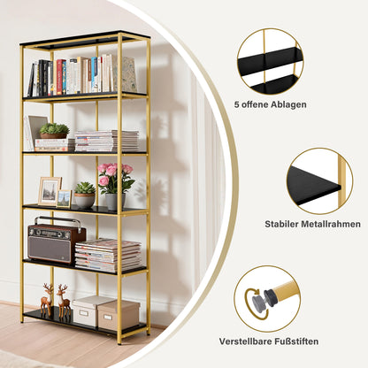 BarberPub Bücherregal Gold, Standregal mit 5 Ebenen, Büroregal mit Metallrahmen, Regal für Büro, Wohnzimmer, Schlafzimmer, Küche, Nagelstudio, 30x80x180cm, 5166
