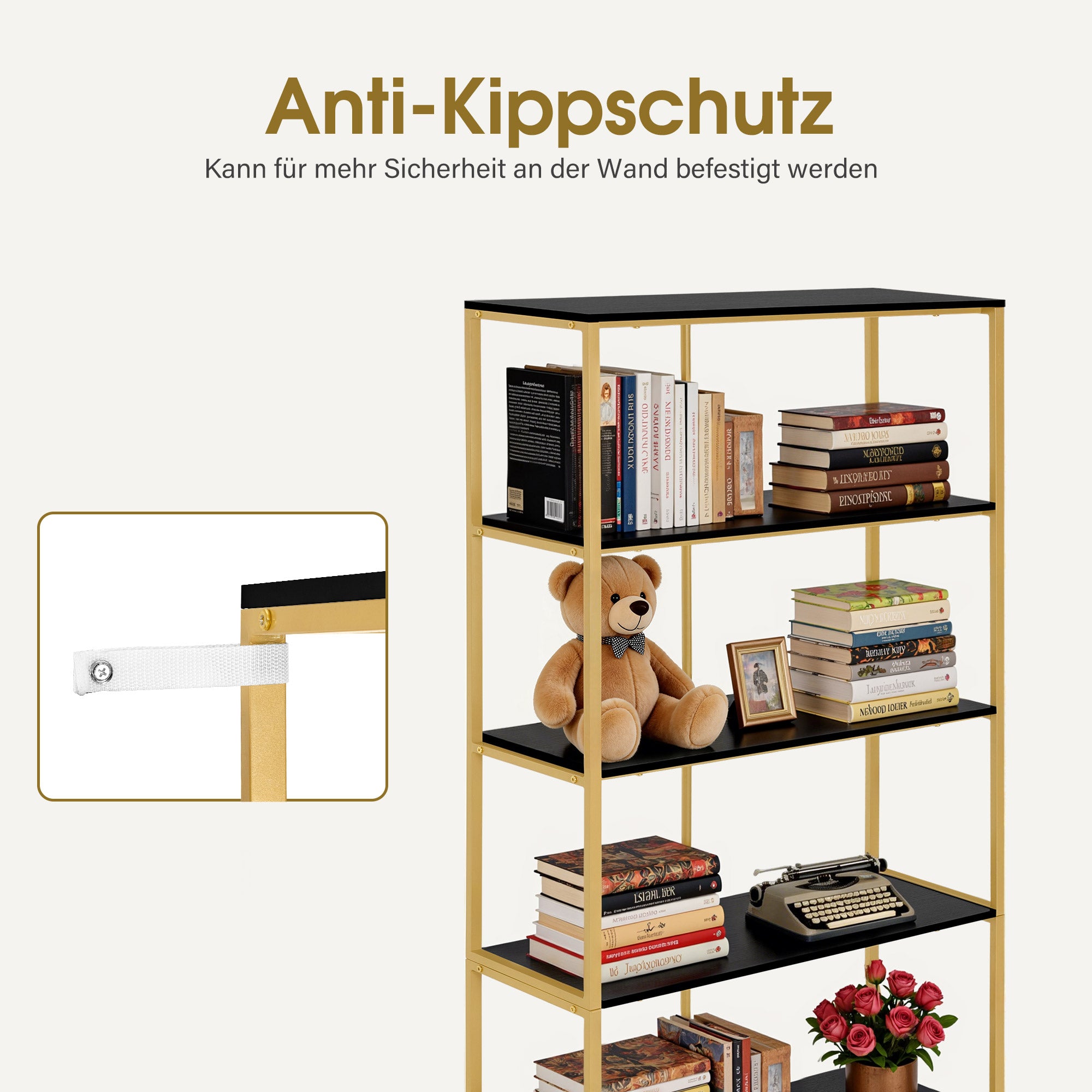 BarberPub Bücherregal Gold, Standregal mit 5 Ebenen, Büroregal mit Metallrahmen, Regal für Büro, Wohnzimmer, Schlafzimmer, Küche, Nagelstudio, 30x80x180cm, 5166