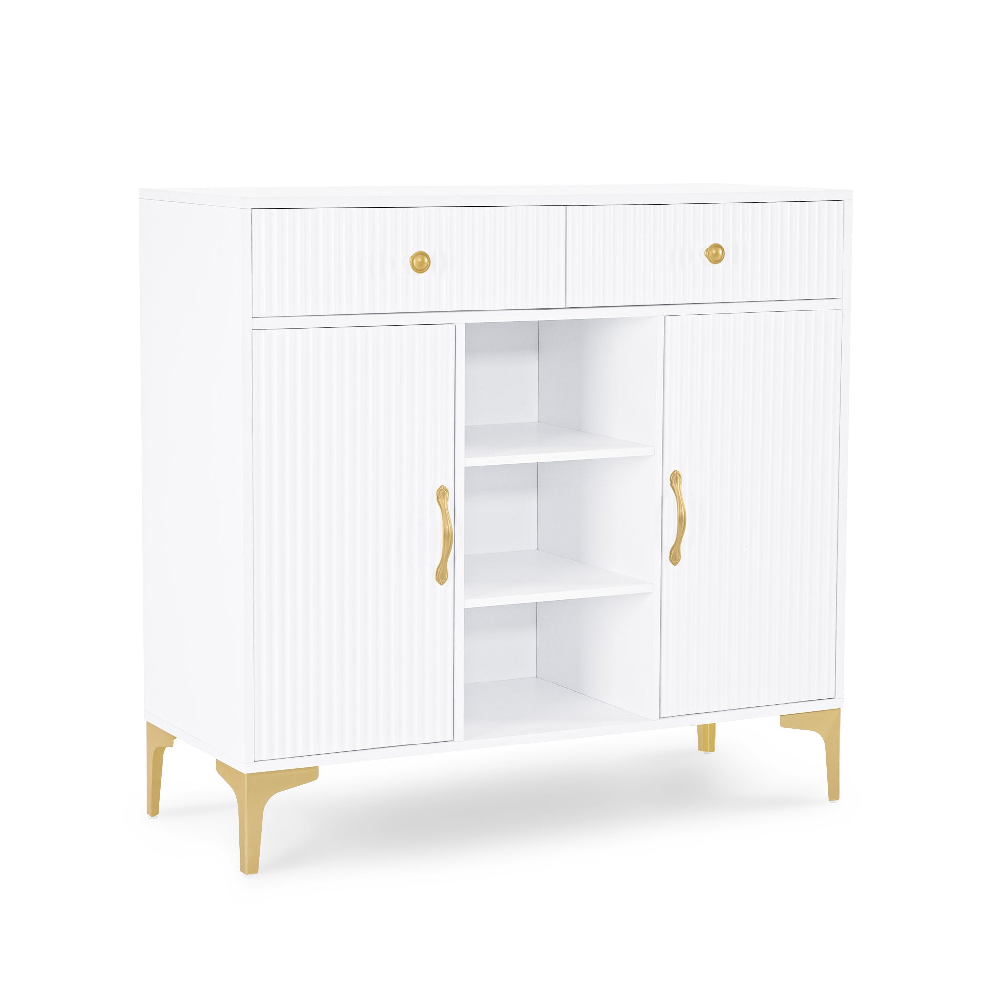 BarberPub Sideboard mit 2 Schubladen, Badezimmerschrank mit 3 Offenen Fächern & 2 Verstellbaren Ablagen, Küchenschrank, Kommode Weiß, Beistellschrank für Nagelstudio, Badschrank, 40x100x95cm, 6647