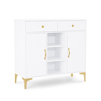 BarberPub Sideboard mit 2 Schubladen, Badezimmerschrank mit 3 Offenen Fächern & 2 Verstellbaren Ablagen, Küchenschrank, Kommode Weiß, Beistellschrank für Nagelstudio, Badschrank, 40x100x95cm, 6647