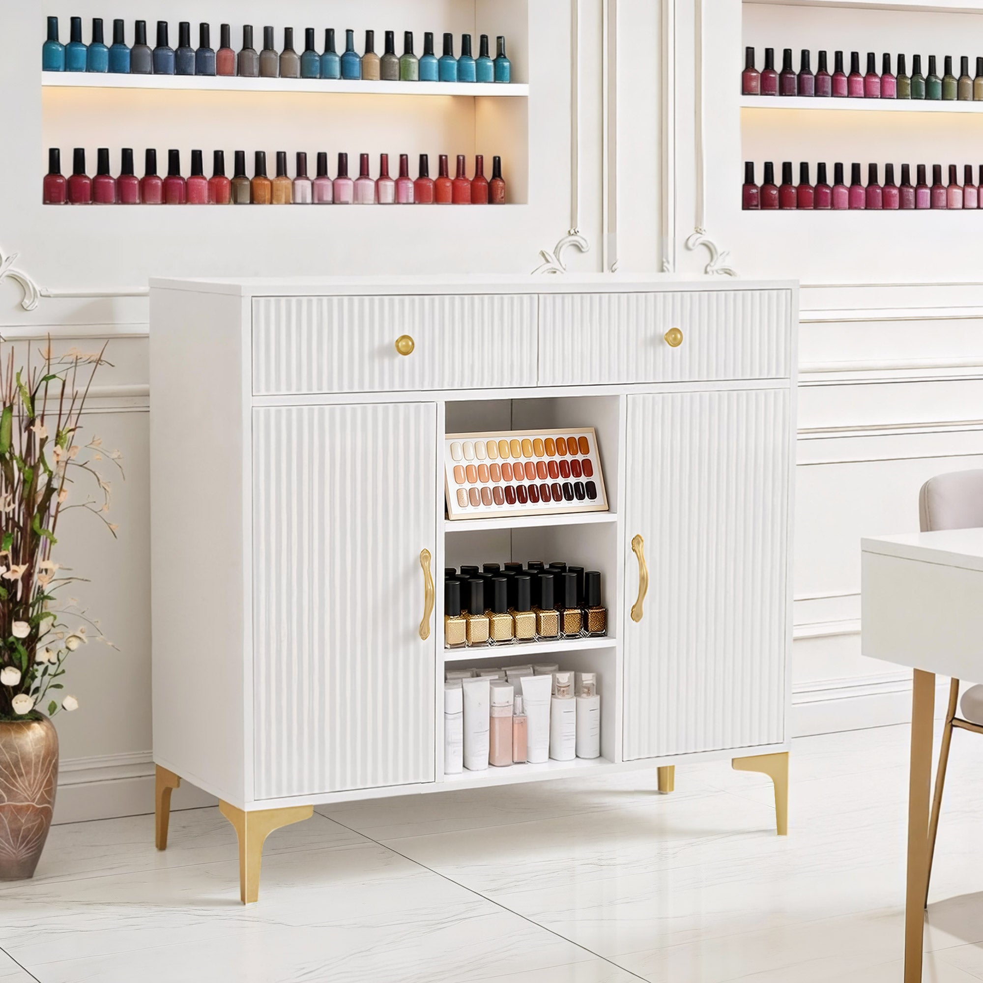BarberPub Sideboard mit 2 Schubladen, Badezimmerschrank mit 3 Offenen Fächern & 2 Verstellbaren Ablagen, Küchenschrank, Kommode Weiß, Beistellschrank für Nagelstudio, Badschrank, 40x100x95cm, 6647