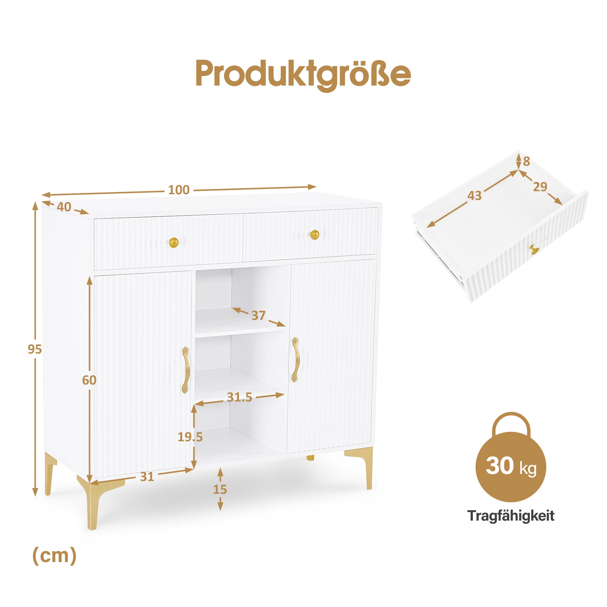 BarberPub Sideboard mit 2 Schubladen, Badezimmerschrank mit 3 Offenen Fächern & 2 Verstellbaren Ablagen, Küchenschrank, Kommode Weiß, Beistellschrank für Nagelstudio, Badschrank, 40x100x95cm, 6647