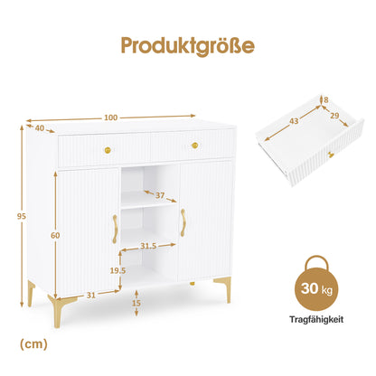BarberPub Sideboard mit 2 Schubladen, Badezimmerschrank mit 3 Offenen Fächern & 2 Verstellbaren Ablagen, Küchenschrank, Kommode Weiß, Beistellschrank für Nagelstudio, Badschrank, 40x100x95cm, 6647