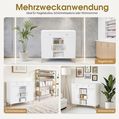 BarberPub Sideboard mit 2 Schubladen, Badezimmerschrank mit 3 Offenen Fächern & 2 Verstellbaren Ablagen, Küchenschrank, Kommode Weiß, Beistellschrank für Nagelstudio, Badschrank, 40x100x95cm, 6647