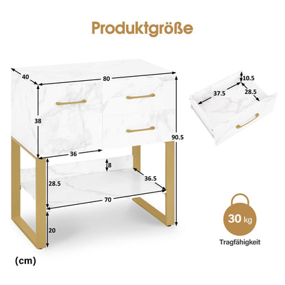 BarberPub Sideboard mit 2 Schubladen, Badezimmerschrank mit Schrank & Offener Ablage, Kommode Metallgestell, Beistellschrank für Friseursalon, Aufbewahrungsschrank Marmor-Weiß Gold, 40x80x90,5cm, 6678
