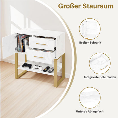 BarberPub Sideboard mit 2 Schubladen, Badezimmerschrank mit Schrank & Offener Ablage, Kommode Metallgestell, Beistellschrank für Friseursalon, Aufbewahrungsschrank Marmor-Weiß Gold, 40x80x90,5cm, 6678