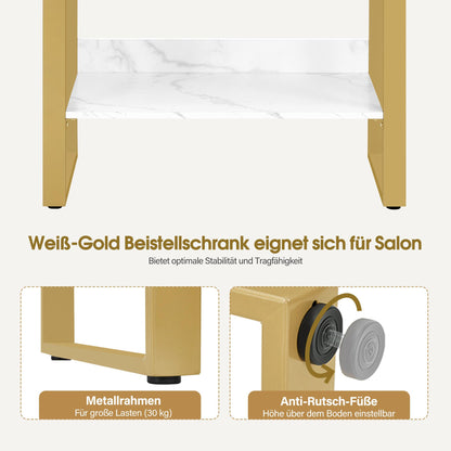 BarberPub Sideboard mit 2 Schubladen, Badezimmerschrank mit Schrank & Offener Ablage, Kommode Metallgestell, Beistellschrank für Friseursalon, Aufbewahrungsschrank Marmor-Weiß Gold, 40x80x90,5cm, 6678