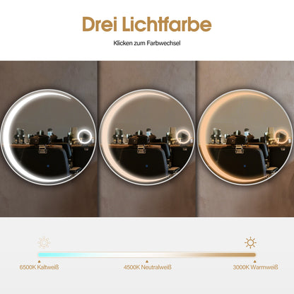 BarberPub Wandspiegel mit Beleuchtung, Badspiegel mit Aluminiumrahmen, Runder Spiegel mit Touch-Schalter, 3 Lichtfarben Dimmbar, Badezimmerspiegel für Friseursalon, Spa, 83x83cm, J6228 (Silber)