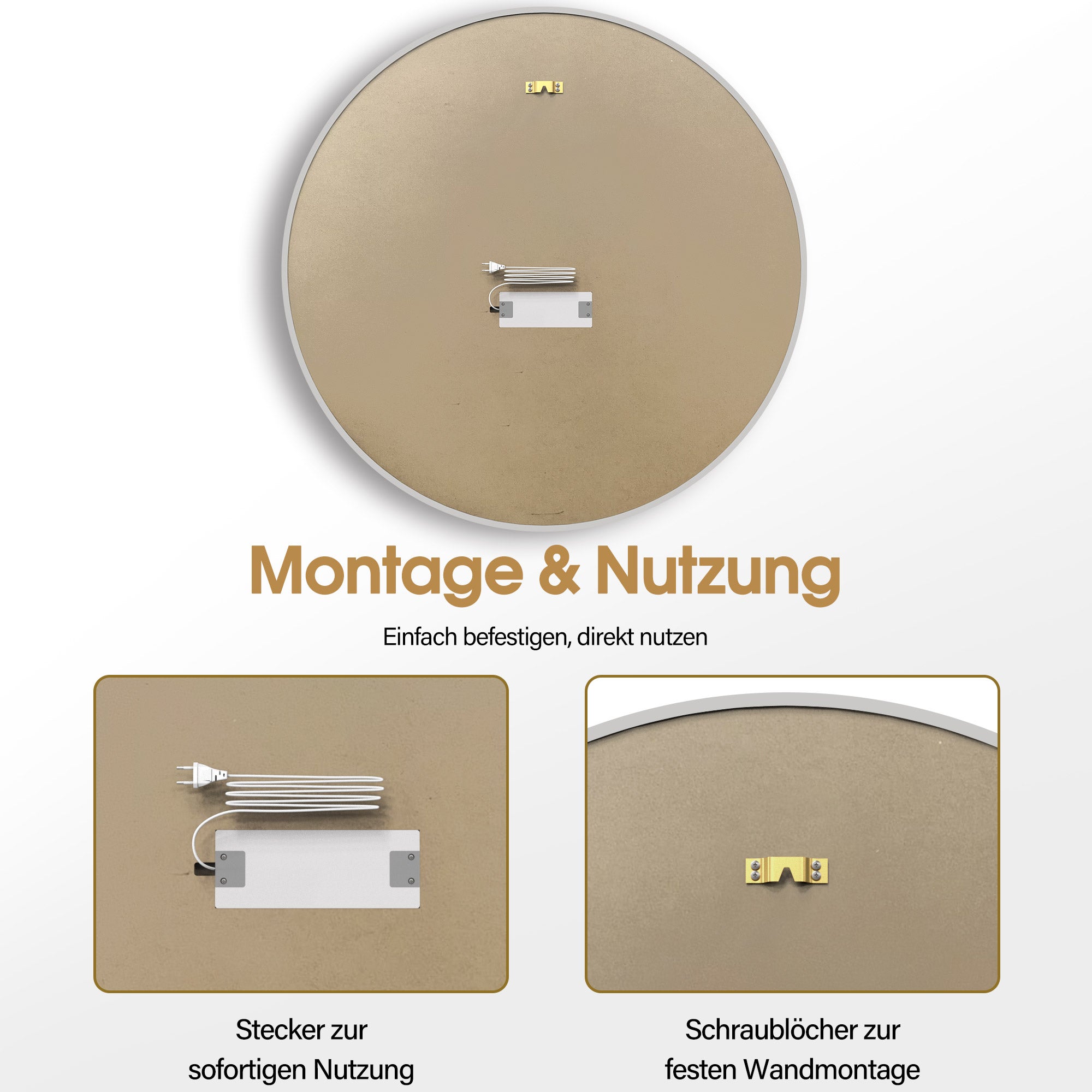 BarberPub Wandspiegel mit Beleuchtung, Badspiegel mit Aluminiumrahmen, Runder Spiegel mit Touch-Schalter, 3 Lichtfarben Dimmbar, Badezimmerspiegel für Friseursalon, Spa, 83x83cm, J6228 (Silber)