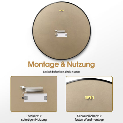 BarberPub Wandspiegel mit Beleuchtung, Badspiegel mit Aluminiumrahmen, Runder Spiegel mit Touch-Schalter, 3 Lichtfarben Dimmbar, Badezimmerspiegel für Friseursalon, Spa, 83x83cm, J6236