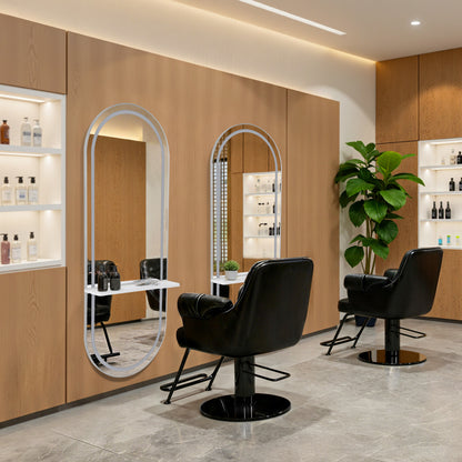 BarberPub Wandspiegel mit Beleuchtung, Ganzkörperspiegel mit Aluminiumrahmen, Großer Spiegel mit Ablage, Touch-Schalter, 3 Lichtfarben Dimmbar, für Friseursalon, 17x65x177 cm, J6270