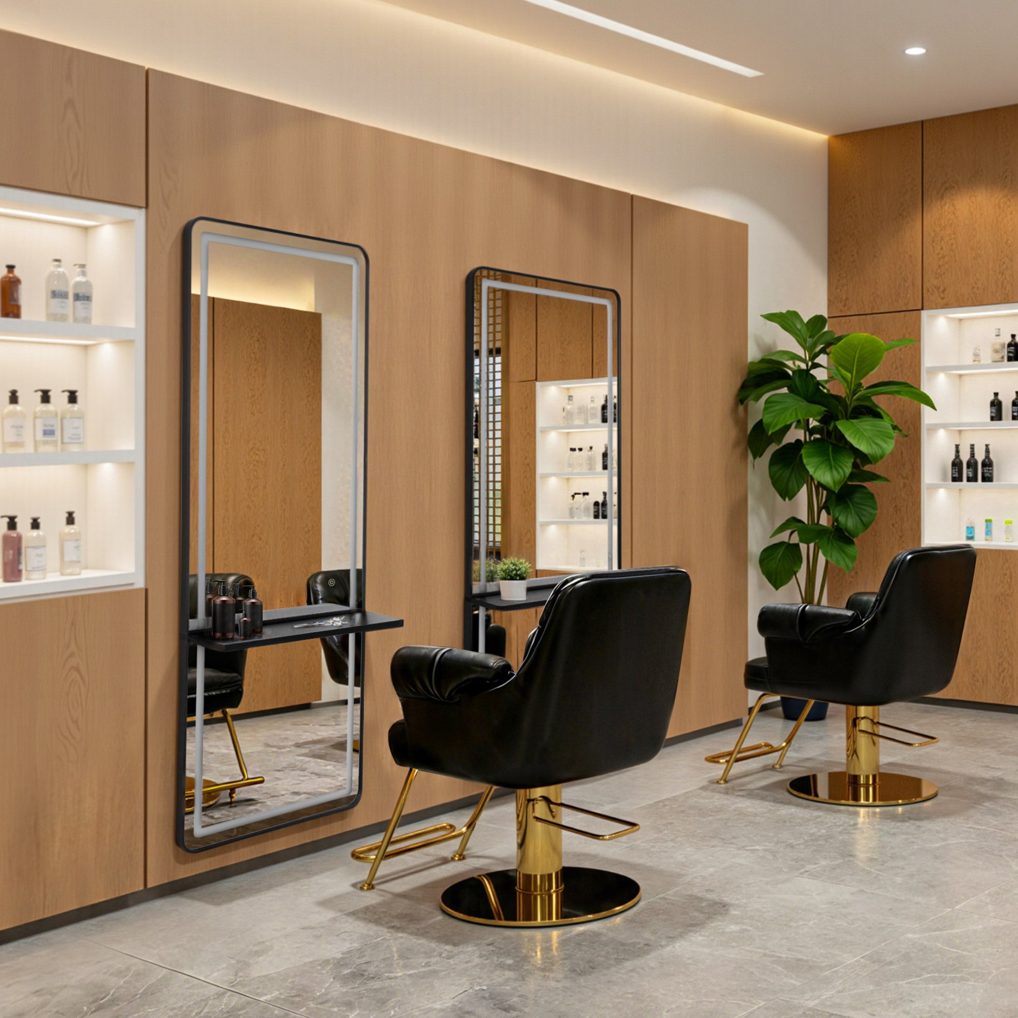 BarberPub Wandspiegel mit Beleuchtung, Ganzkörperspiegel mit Aluminiumrahmen, Großer Spiegel mit Ablage, Touch-Schalter, 3 Lichtfarben Dimmbar, für Friseursalon, 17x65x177 cm, J6271