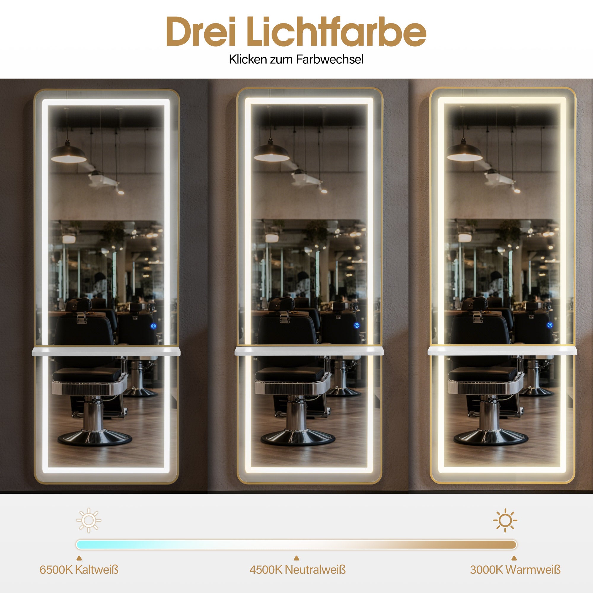 BarberPub Wandspiegel mit Beleuchtung, Ganzkörperspiegel mit Aluminiumrahmen, Großer Spiegel mit Ablage, Touch-Schalter, 3 Lichtfarben Dimmbar, für Friseursalon, 17x65x177 cm, J6271